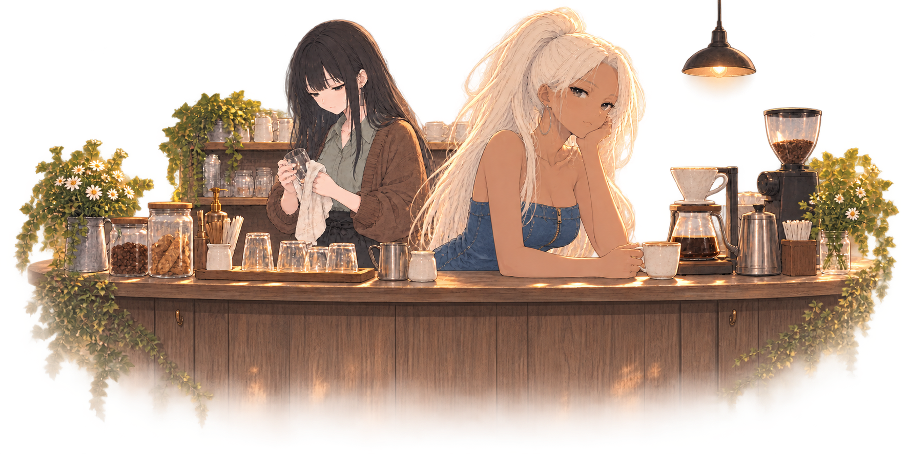 カウンターで店を見守る少女たち
